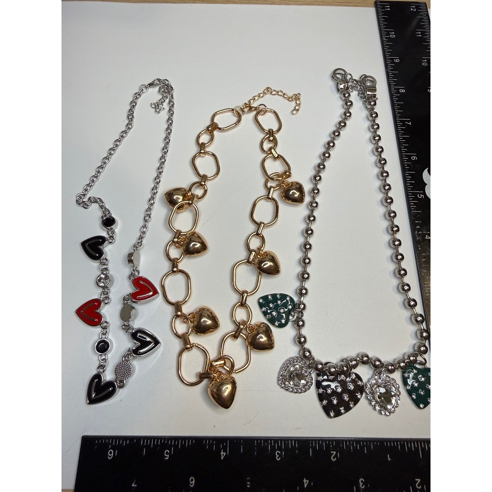 Lot of 3 Heart Charm Necklaces Gold Silver Tone Enamel Crystal Chunky Ball Chain